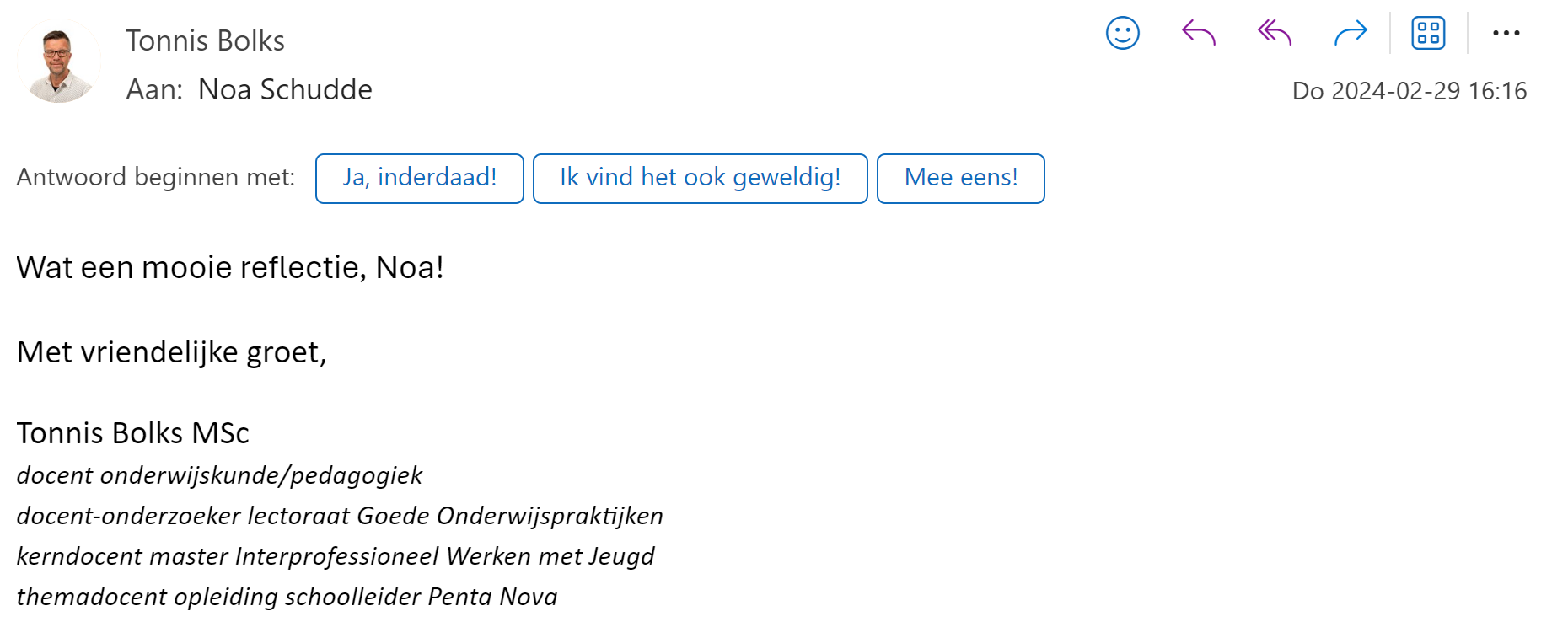 Reactie van Tonnis op mijn reflectie waar ik deze situatie beschrijf.